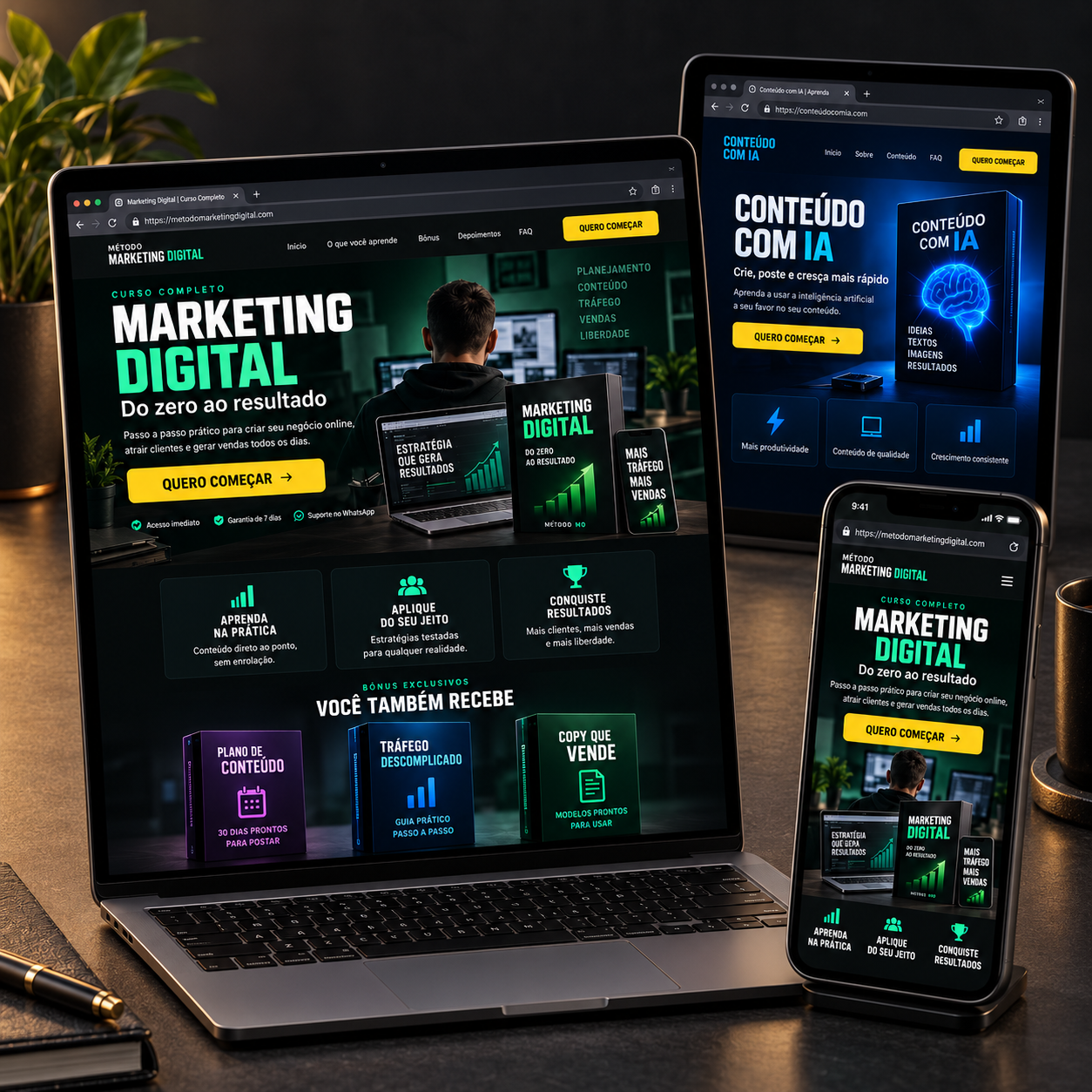Landing page exibida no computador e no celular